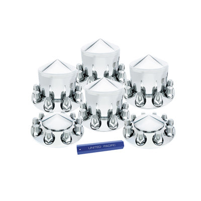 POINTED AXLE COVER COMBO KIT WITH 33MM STANDARD THREAD-ON NUT COVERS & NUT COVER TOOL - CHROME. Image of the nut covers and the tool that is included.