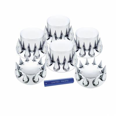 DOME AXLE COVER COMBO KIT WITH 33MM SPIKE THREAD-ON NUT COVERS & NUT COVER TOOL - CHROME. Image of the nut covers and the installation tool.