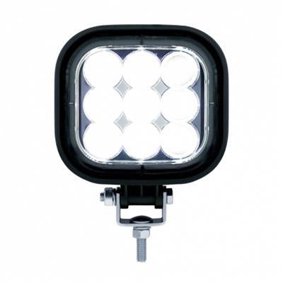 9 HIGH POWER LED SQUARE WORK LIGHT - FLOOD LIGHT image with light turned on  sold by Legend Truck Parts located in Dallas-Fort Worth with shipping nationwide