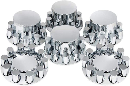 DOME AXLE COVER COMBO KIT WITH 33MM CYLINDER THREAD-ON NUT COVERS - CHROME. Image of nut covers.