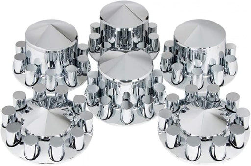 POINTED AXLE COVER COMBO KIT WITH 33MM CYLINDER THREAD-ON NUT COVERS - CHROME. Image of the nut covers.
