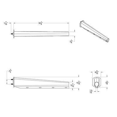 Schematic drawings of the mud flap hangers showing the dimensions from various angles.