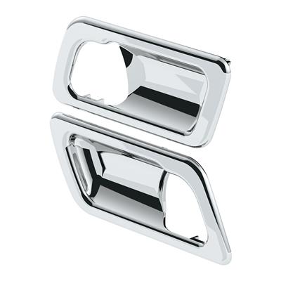 CHROME INTERIOR DOOR HANDLE TRIM FOR PETERBILT 389 (2008-2023), 386 (2006-2016), AND 387 (2006-2011) (PAIR). Image viewed from an angle. Sold by Legend Truck Parts located in Dallas-Fort Worth with shipping nationwide. 