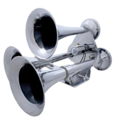 Introducing the United Pacific 3 Trumpets Air Powered Train Horn with Support Bracket. A chrome 3 trumpet train horn that delivers super loud sound with a rating of 145 +/- 10db. Includes a 12V heavy-duty electric solenoid.