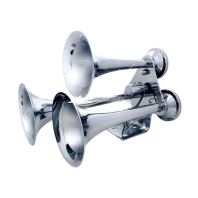 Discover the United Pacific 3 Trumpets 'Competition Series' Chrome Train Horn. Boasting a super loud 150db +/- 10db sound output, this horn comes complete with a 12V heavy-duty electric air solenoid, mounting pad, and hardware. Max air pressure: 150 PSI. Size: 15-1/2" L x 11-3/4" W x 11-1/2" H.