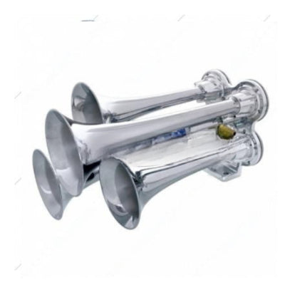 Introducing the United Pacific Deluxe 4 Trumpets Mini Chrome Train Horn. Compact yet extra loud with a sound output of 130db (+/- 10db). Includes a 12V heavy-duty electric solenoid air valve, mounting hardware, and wiring diagram. Size: 15" L x 9-3/4" W x 12-1/2" H.